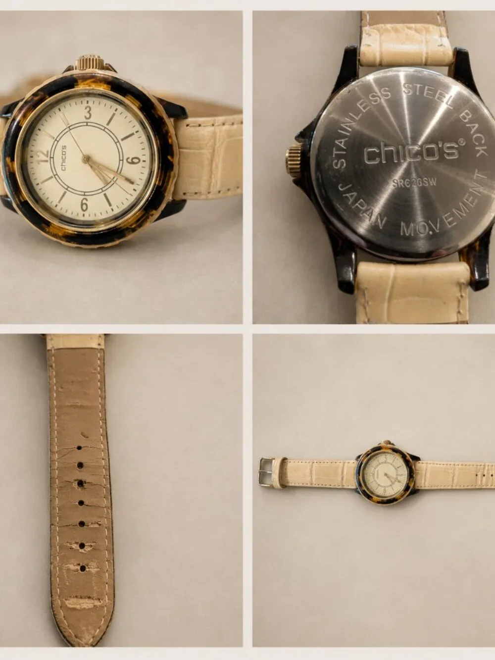 Chico’s Tortoiseshell Bezel Watch – Beige/Cream Band – Excellent Condition